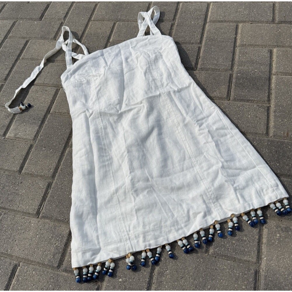 HOUSE OF HARLOW MIDI DRESS Blue BEADS White Linen Lined Adjustable NWT XXS